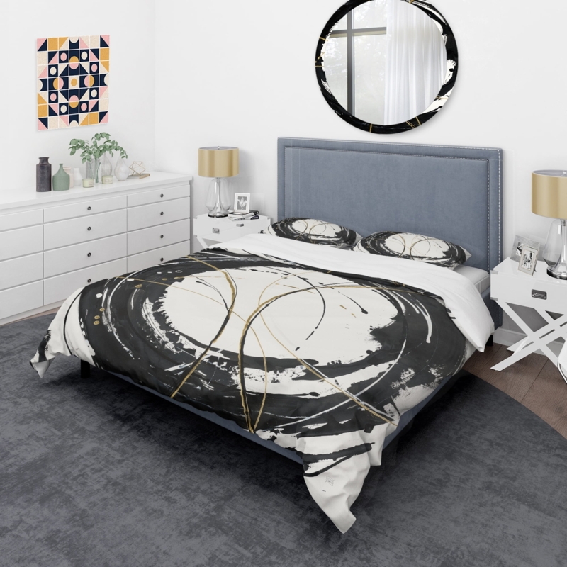 Duvet Cover Set White Gold Metallic Overlapping Circles Geometric Airy