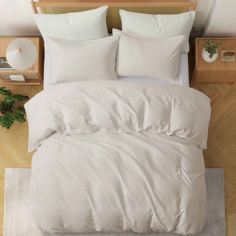Duvet Cover Set White Linen Blend with Natural Wrinkle Texture