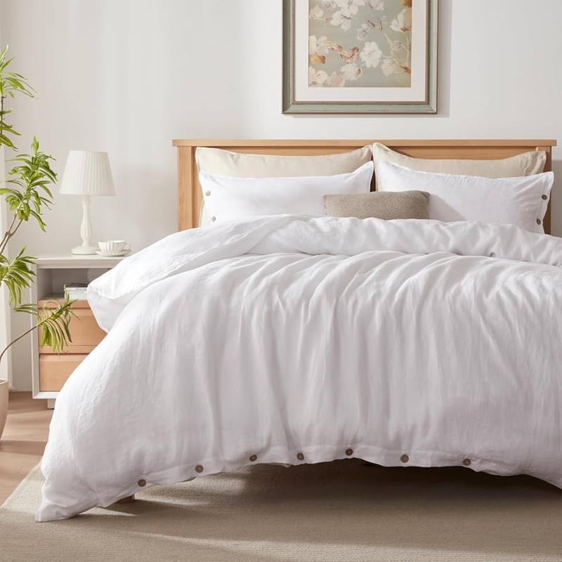 Duvet Cover Set White Linen Texture Breathable Minimalist Bedding