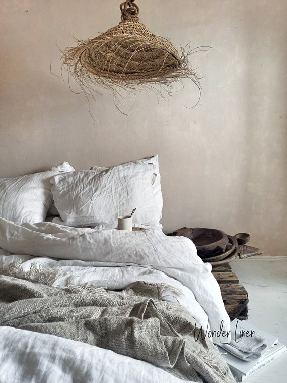 Duvet Cover Set White Linen Texture Button Closure Minimalist