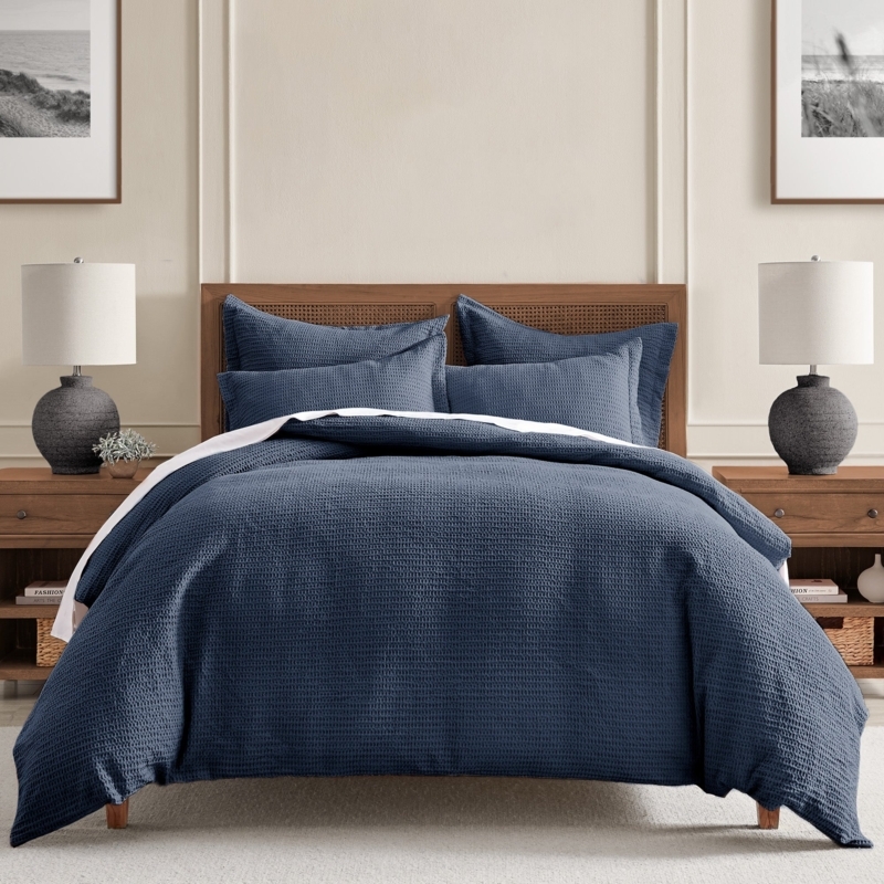 Duvet Cover Set White Matelassé Texture, Coastal Farmhouse Bedding