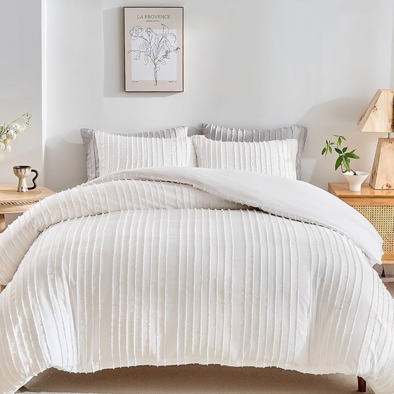 Duvet Cover Set White Raised Tufted Stripes Geometric