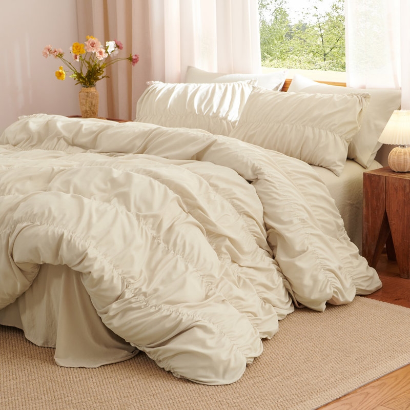 Duvet Cover Set White Ruched Diamond Smocking Waterfall Ruffles Shabby