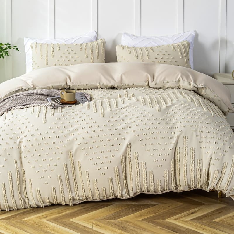 Duvet Cover Set White Shaggy Geometric Tufting, Contemporary Style