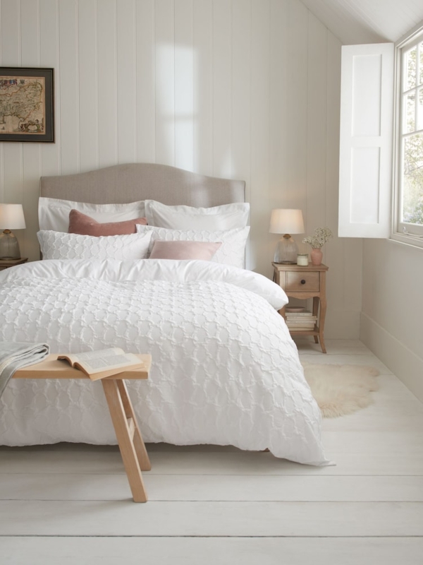 Duvet Cover Set White Tactile Embossed Grid Minimalist