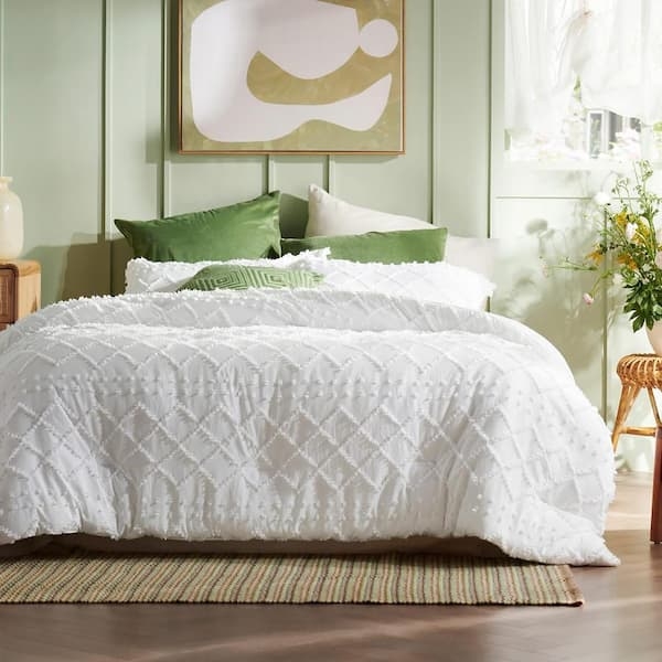 Duvet Cover Set White Tufted Geometric Detailing, Airy Boho Style
