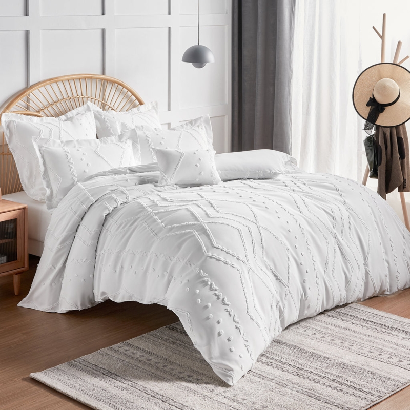 Duvet Cover Set White Tufted Geometric Jacquard Woven Matte Cozy Bedding