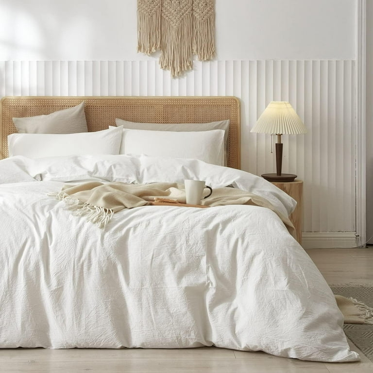 Duvet Cover Set, White Washed Cotton Texture, Airy Scandinavian Bedding.