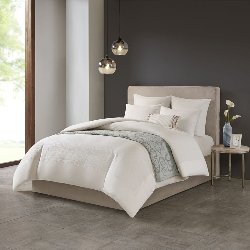Duvet Cover Set: White Yarn Dyed Criss Cross Pattern, Minimalist.