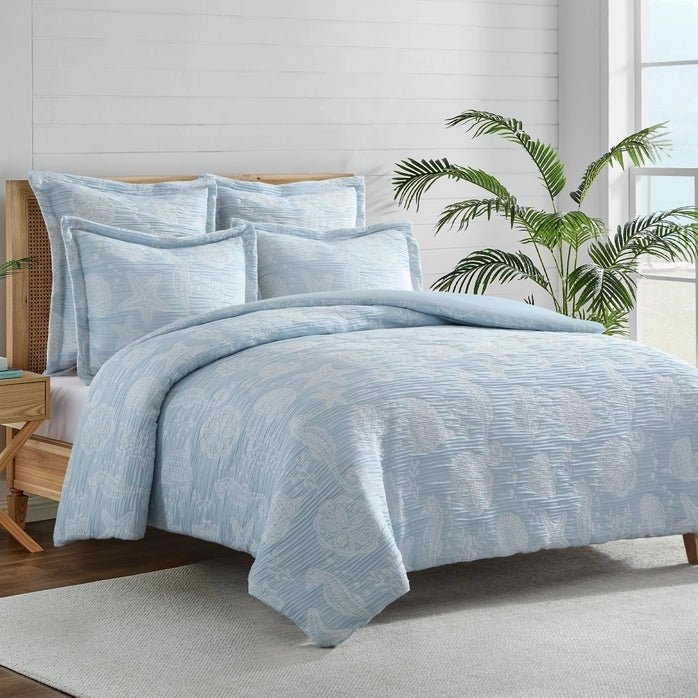 Duvet Cover Set, Wide Blue Stripes, Coral and Shell Motifs, Coastal Style