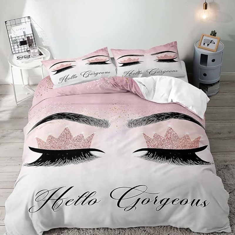 Duvet Cover Set with Rose Gold Glitter Eyelash Graphic and Script