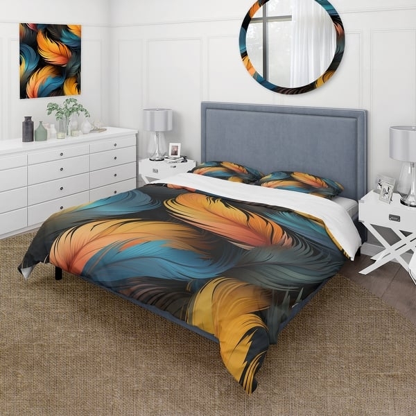 Duvet Cover Set with Vibrant Teal and Orange Artistic Feather Print