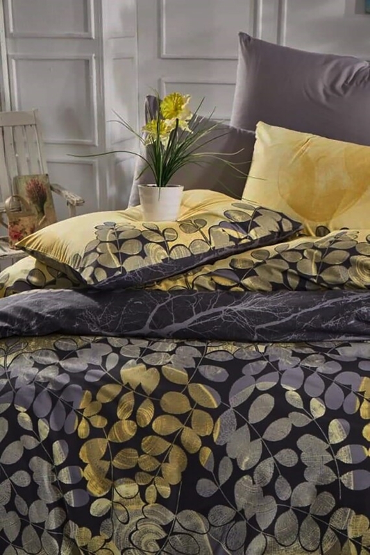 Duvet Cover Set: Yellow Gray Floral Print - Yellow and Gray Floral Bedding