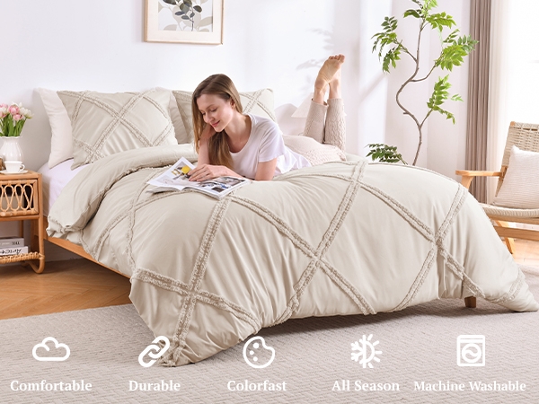 Duvet Cover Tufted Geometric Beige | Boho Textured Bedding Set