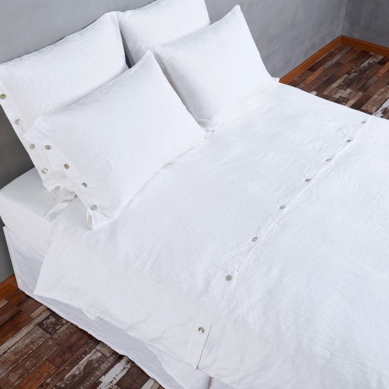 Duvet Cover White Linen Like Shell Buttons Coastal Minimalist Style