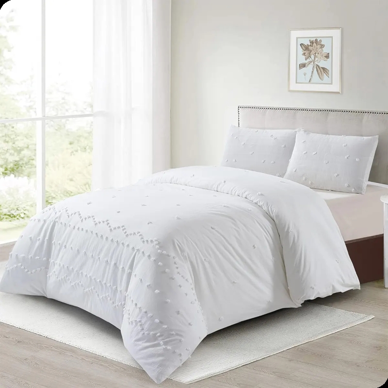 Duvet Cover White Tufted Geometric Embroidery, Boho Chic Style