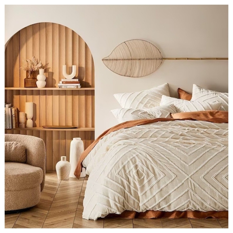 Duvet Cover White Tufted Geometric Embroidery, Corner Tassels Cotton
