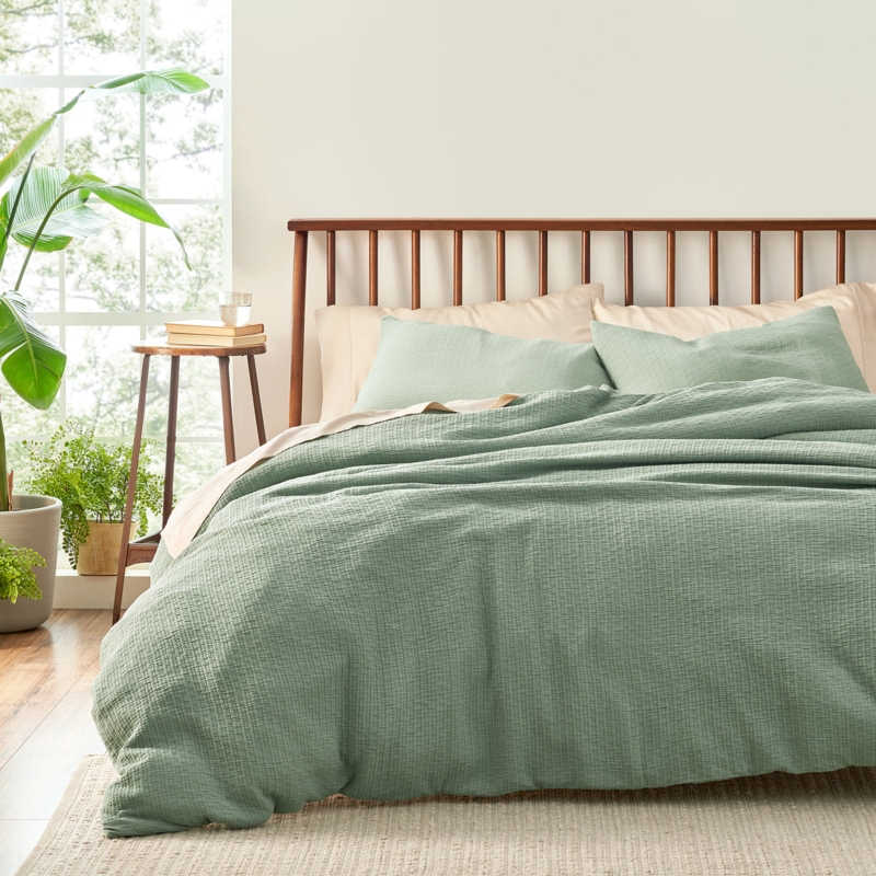 Duvet Set Sage Green Crinkle Matelasse Textured Weave