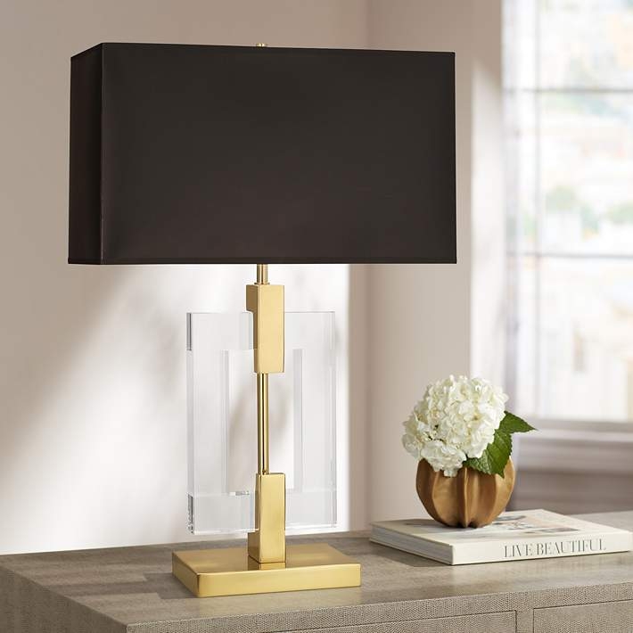 Elegant Table Lamp: Polished Metal and Crystal Stem, Black Drum Shade