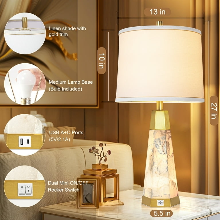 Elegant Table Lamps Alabaster Like Base Gold Dual Pull Chains