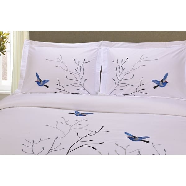 Embroidered Duvet Cover Set, Burgundy Red with Swallow Bird Motif