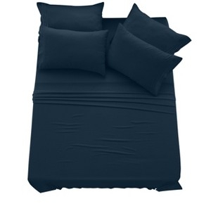 Embroidered Navy Bed Sheets, Triple-Line Stitch, Classic.