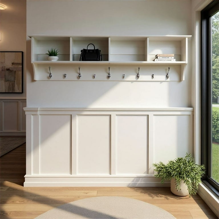 Espresso Entryway Wall Shelf with Storage Cubbies & Hanging Hooks