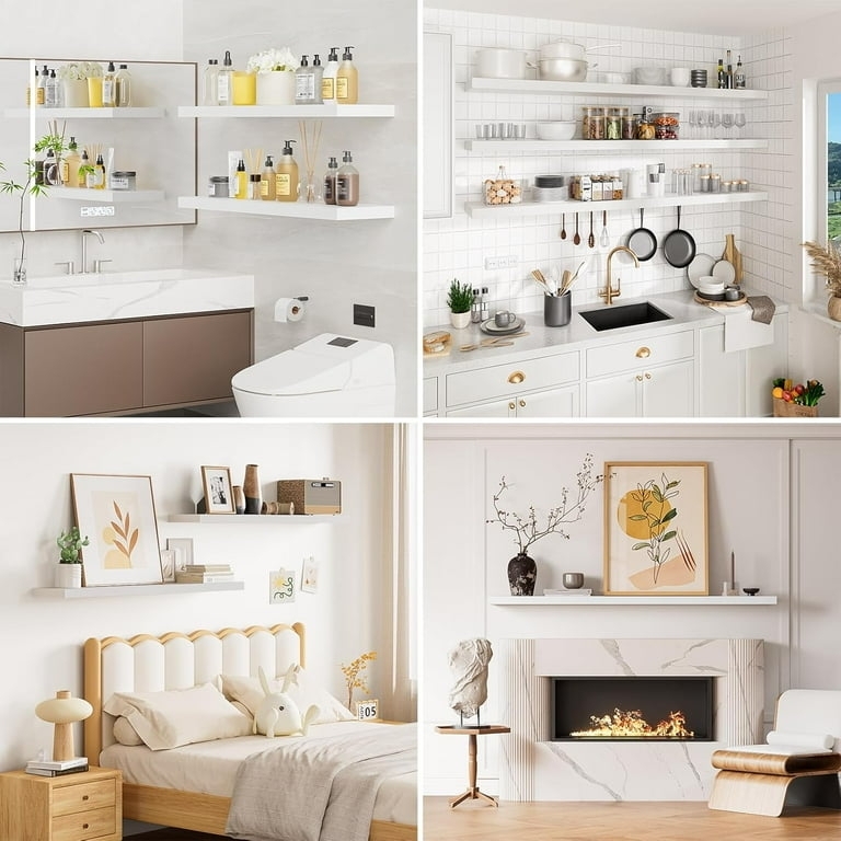 Extra Long Floating Shelves White Thick Profile Minimalist Bedroom