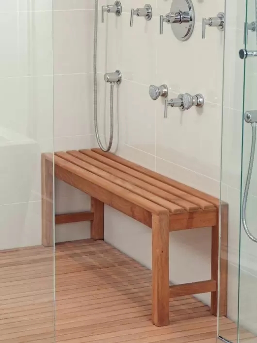 Extra Long Slatted Shower Bench with Curved Saddle Seat and Handles