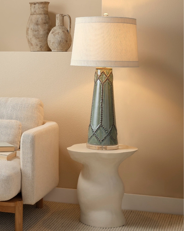 Extra Tall Teal Hobnail Glass Table Lamp Modern Coastal Style