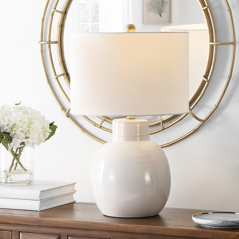 Faceted Ceramic Table Lamp with Gold Hardware Accent and Drum Shade