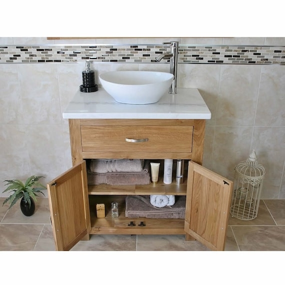 Farmhouse Bathroom Vanity with White Marble Top and Slatted Shelf