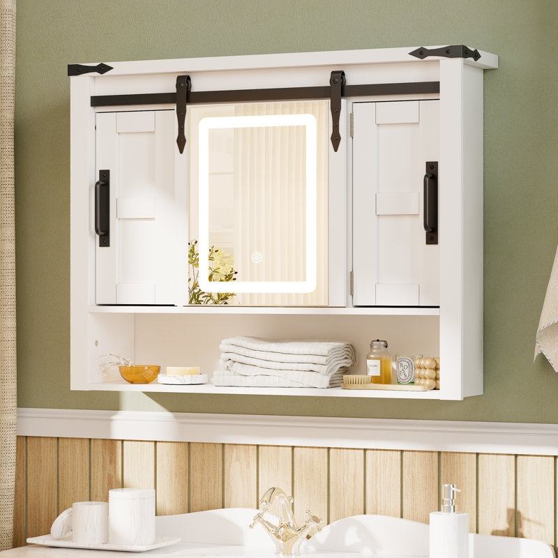 Farmhouse Medicine Cabinet with Sliding Barn Door and LED Mirror
