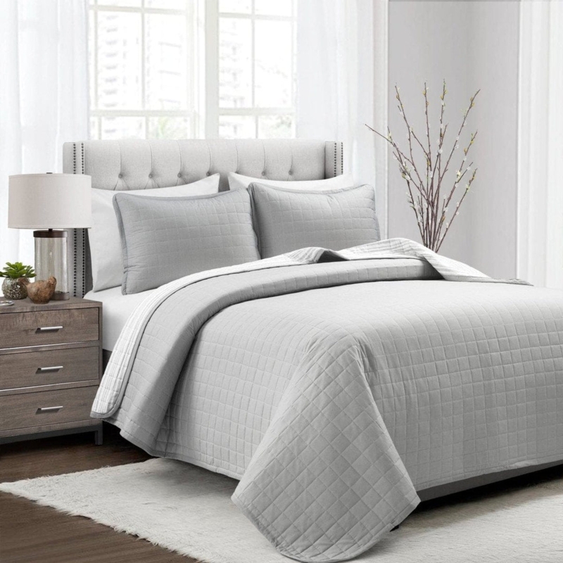 Farmhouse Quilt Set Gray Box Stitch Horizontal Stripes Rustic Bedding