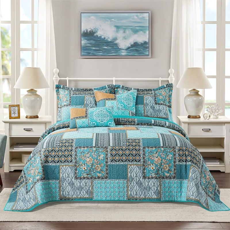 Farmhouse Quilt Set: Teal Patchwork with Scalloped Edges