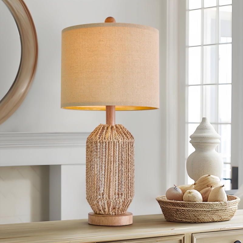 Farmhouse Rattan Table Lamp with Woven Base & Linen Shade