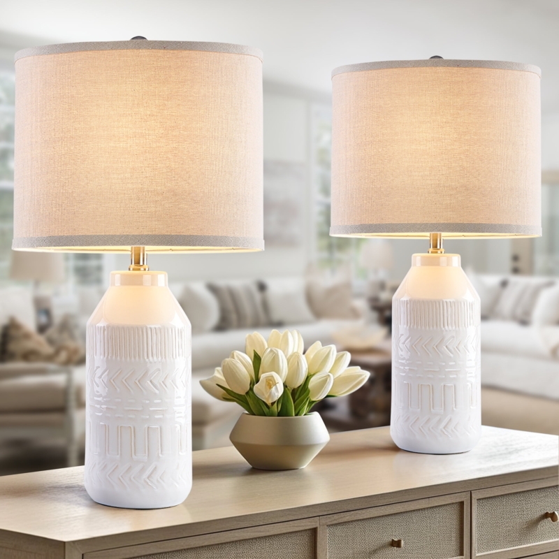 Farmhouse Table Lamp Set Cream Ceramic Distressed Crackle Glaze