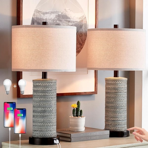 Farmhouse Table Lamp Set Distressed Urn Base USB Port Rustic