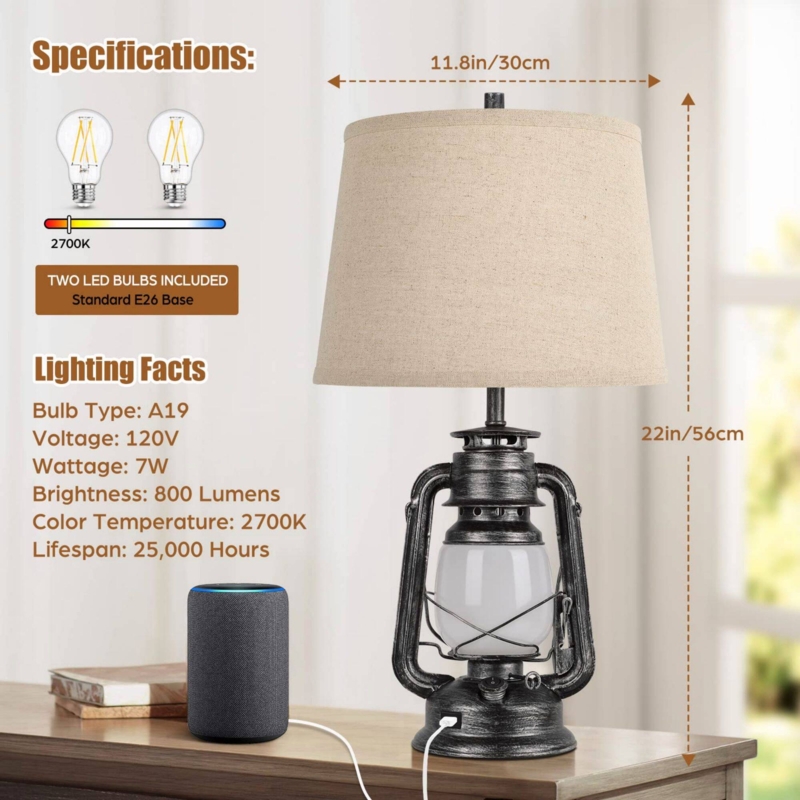 Farmhouse Table Lamp Set Lantern Nightlight Base Matte Black USB