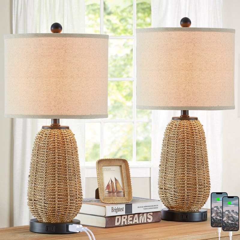 Farmhouse Table Lamp Set with Woven Rattan Teardrop Base and USB