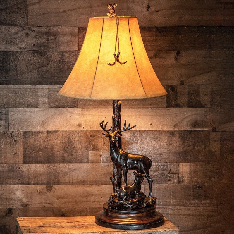 Farmhouse Table Lamp with Bear Sculpture and Stitched Parchment Shade