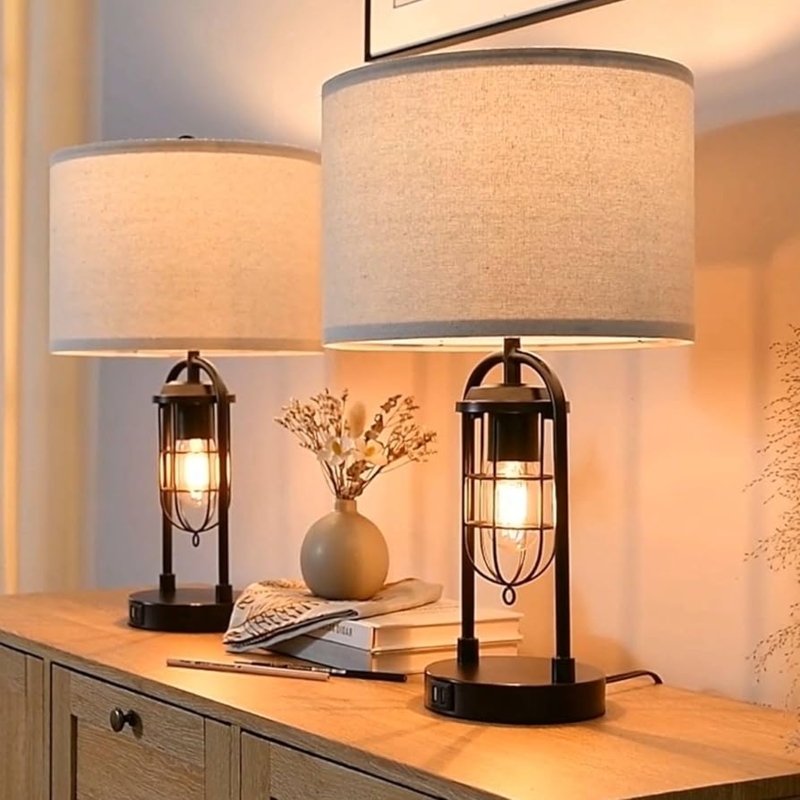 Farmhouse Table Lamps Integrated Night Light Weathered Stone Cage