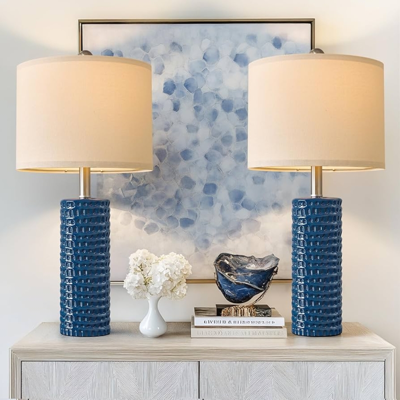 Farmhouse Table Lamps: Ribbed Denim Blue Ceramic Set