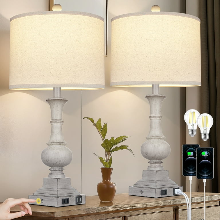 Farmhouse Table Lamps Set Weathered Resin Base with USB & AC Ports