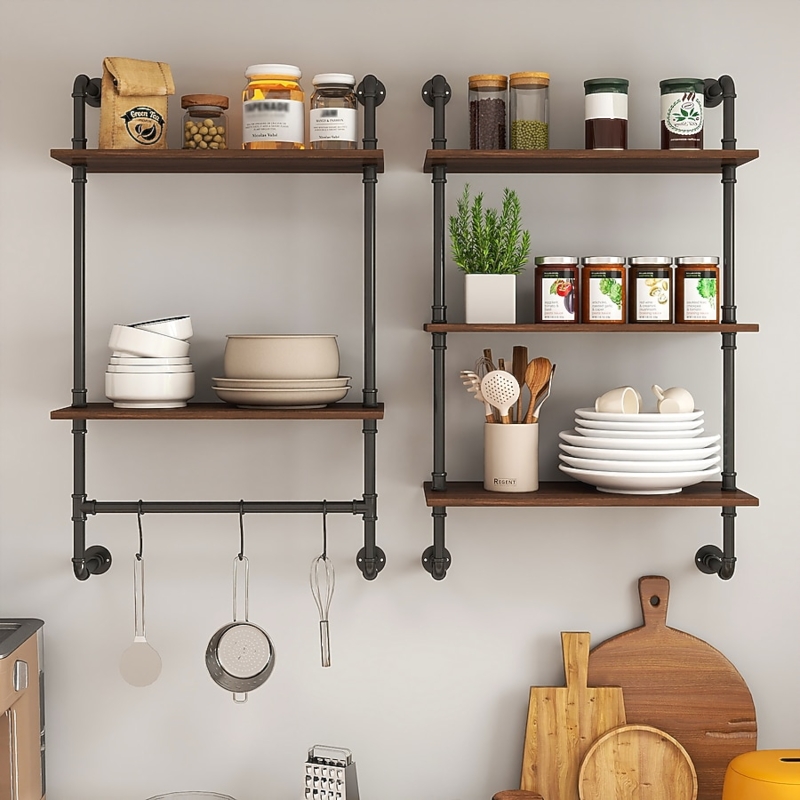 Farmhouse Wall Shelf: Industrial Pipe Frame with Integrated Utensil Hooks