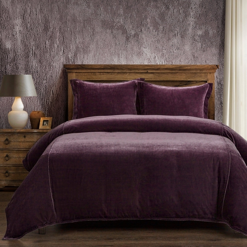 Faux Silk Velvet Duvet Cover Set Deep Violet Glam Bedroom