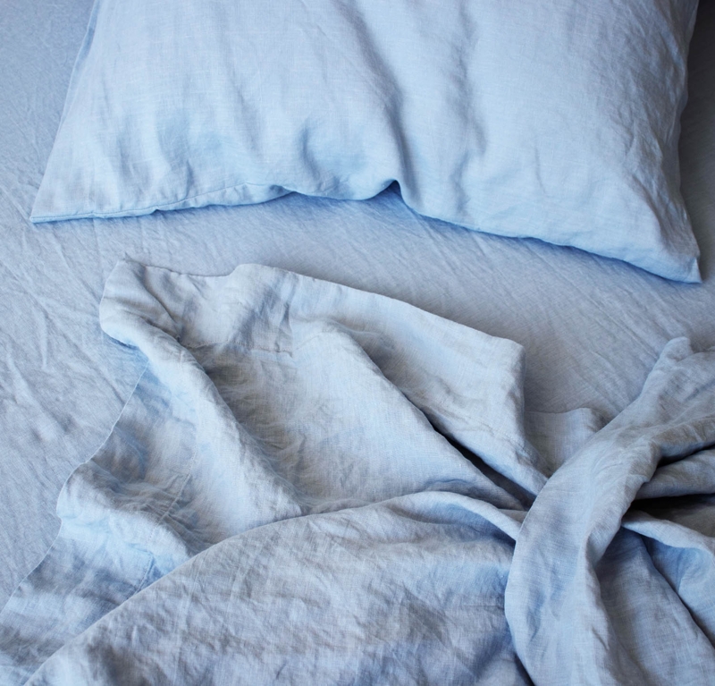 Flat Sheet Linen Sky Blue Wide Hem Detail Natural Linen Texture
