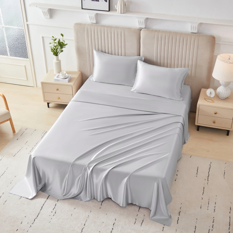 Flat Sheet Silver Metallic Sheen Silk Like Glossy Lustrous Design