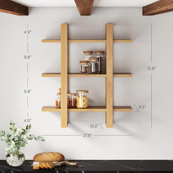 Floating Bookcase, Three-Tier, Natural Wood, Minimalist Design.
