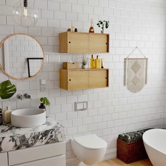 Floating Cabinet Sliding Doors, Light Wood Scandinavian Minimalist